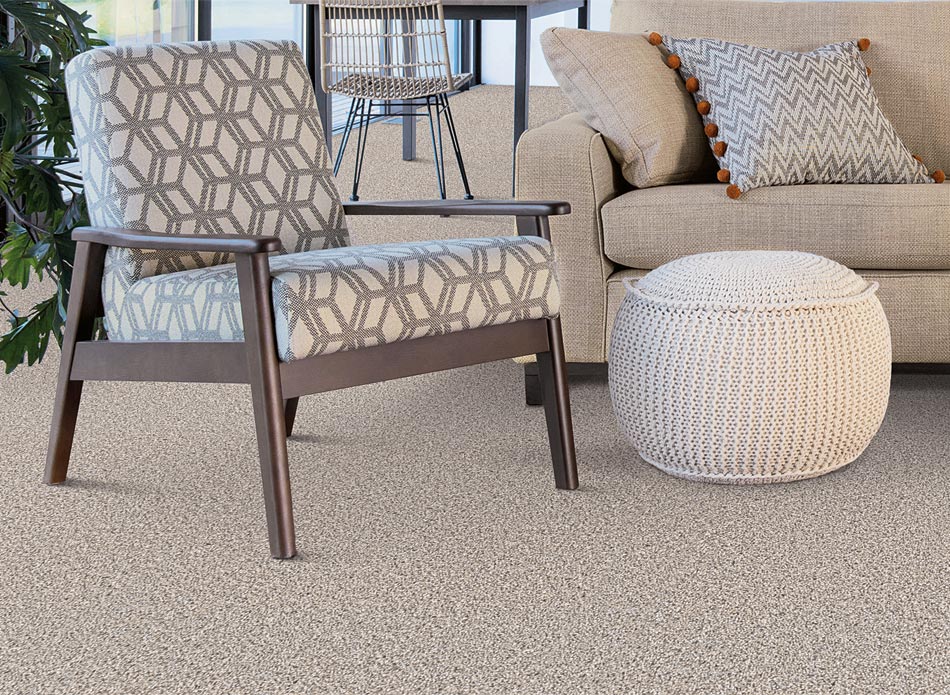 living room with grey textured carpet flooring