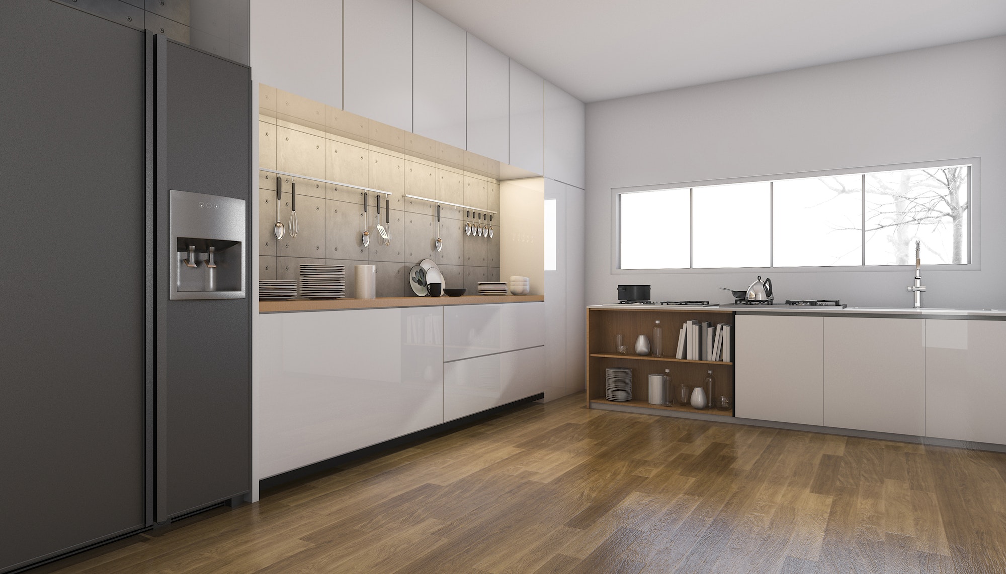3d rendering nice kitchen and dining room with wood floor