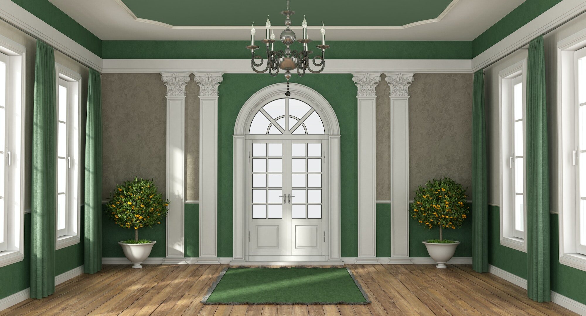 Green home entrance of a luxury villa with brown hardwood flooring