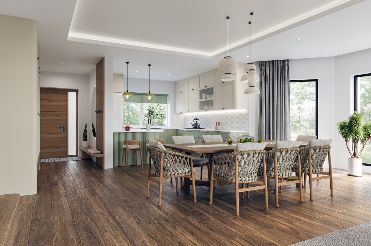 open space living room and kitchen with hardwood floors