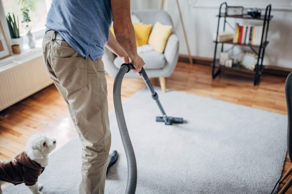 Person cleaning carpet with vacuum cleaner at home